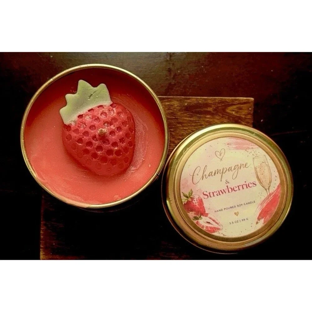 Beautiful Handmade Soy Candle Strawberry & Champagne Scented In Gold Tin Glitter